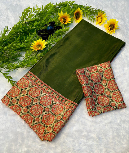 Designer Ajrakh Saree in Mehndi Featuring Classic Traditional Motifs