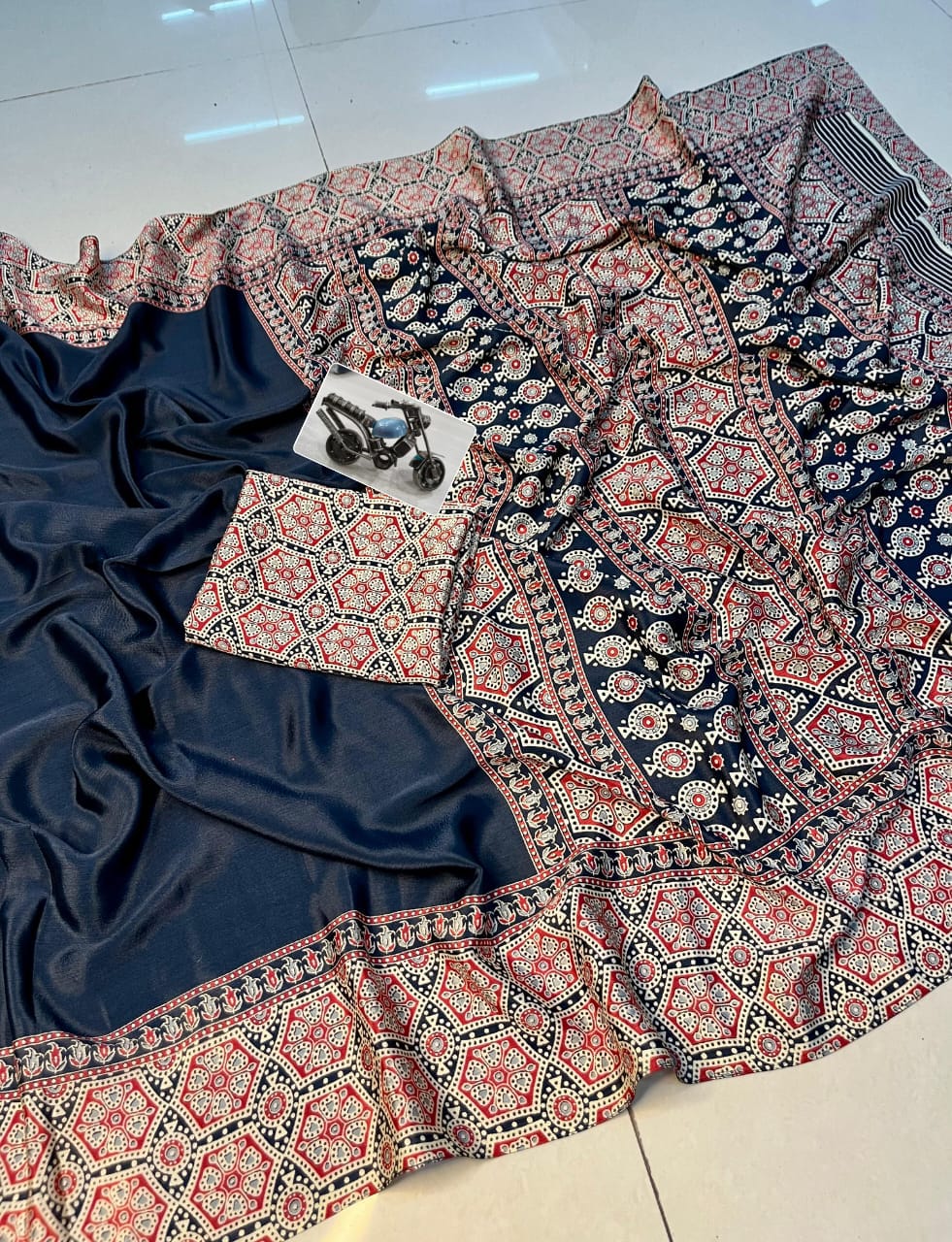 Stylish Ajrakh Print Saree in Navy Blue with Lightweight Comfortable Fabric