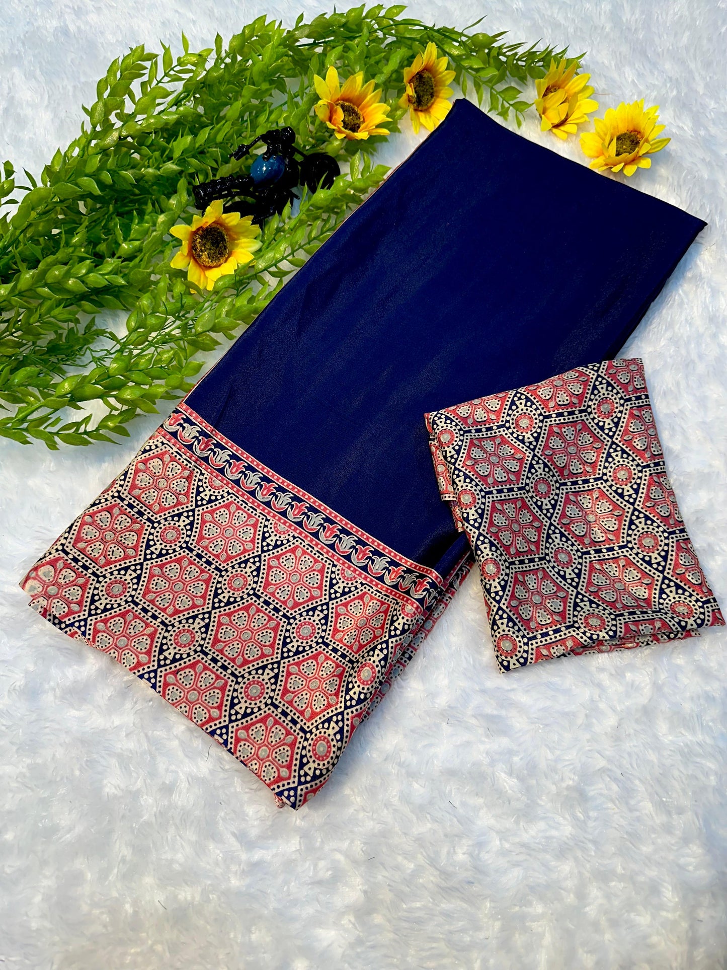 Stylish Ajrakh Print Saree in Navy Blue with Lightweight Comfortable Fabric