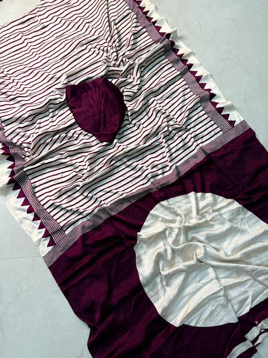 Classic Wine Ajrakh Print Saree Ideal for Party and Festive Wear