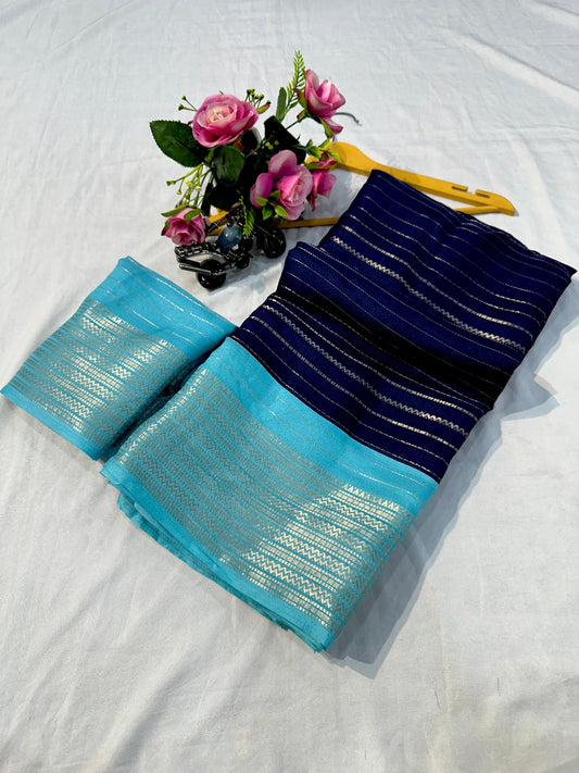 Exclusive Gloss Crepe Silk Saree in Blue -SKY Shade with Rich Designer Appeal