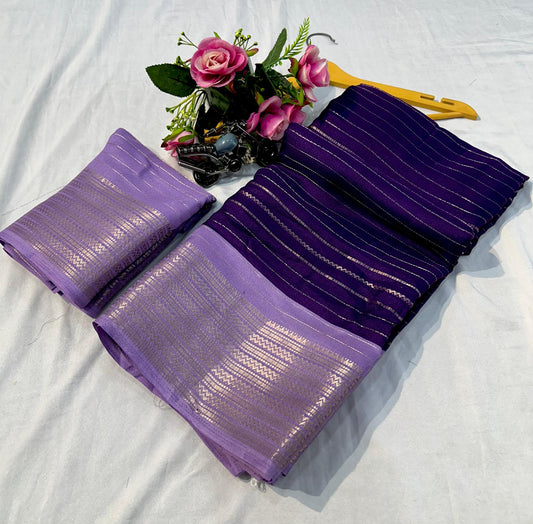 Beautiful Pure Crepe Silk Saree in Purpal Color for Wedding and Party Looks