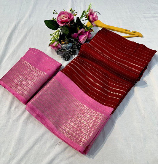 Smooth Stylish Crepe Silk Saree in Maroon- Baby pink Shade Crafted for Elegant Drapes