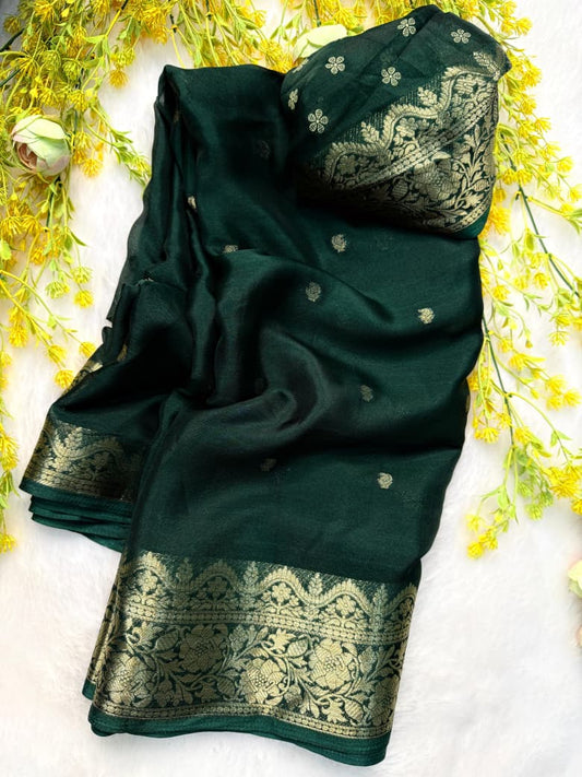 Soft Silk Saree in Green with Modern Ethnic Crafted Detailing