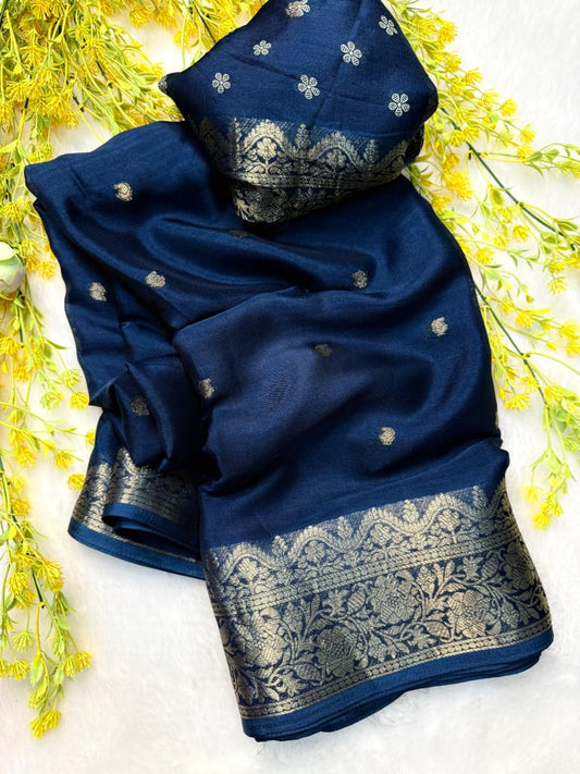 Premium Soft Silk Saree in Blue with Luxury Zari Border Accents