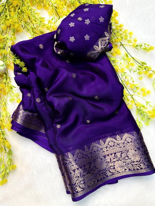 Elegant Soft Silk Saree in Purpal with Richly Designed Festival Look