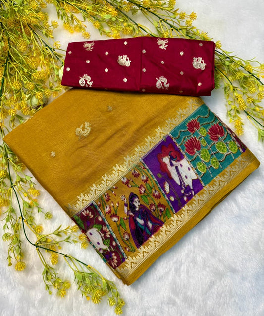 Soft Silk Saree in Mustard with Beautifully Crafted Traditional Detail