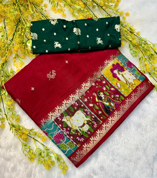 Soft Silk Saree in Red with Attractive Fine Motif Pattern Work