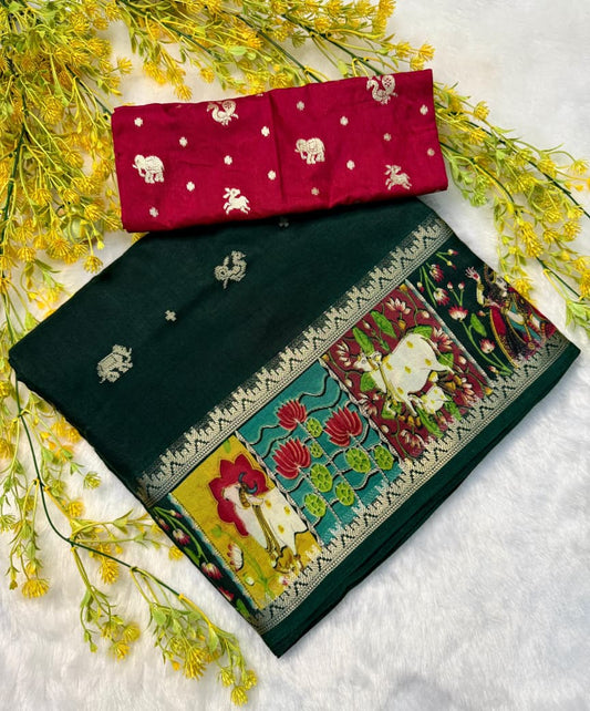 Premium Soft Silk Saree in Green with Smooth Finish and Zari Style