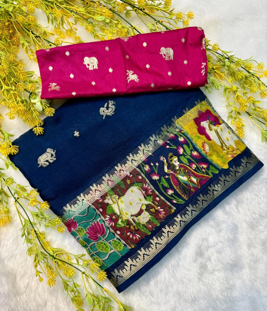 Elegant Soft Silk Saree in Rama with Festive Ready Border Design