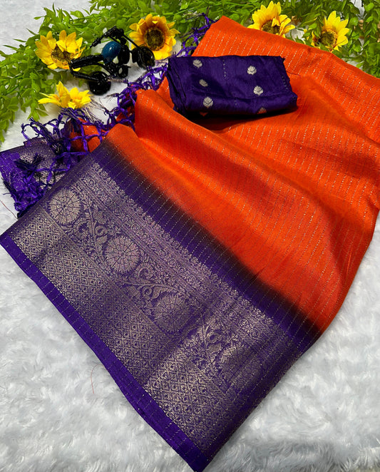 Soft Silk Saree in Orange with Stylish Weave and Detailed Border