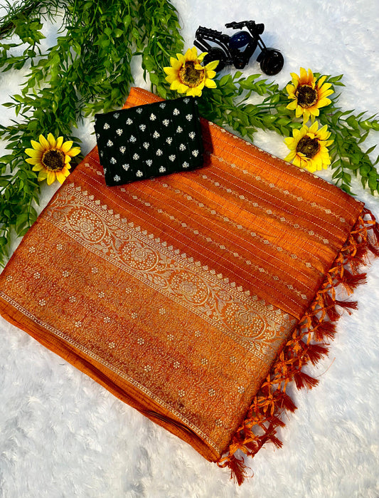 Soft Silk Saree in Orange with Artistic Motifs for Elegant Look