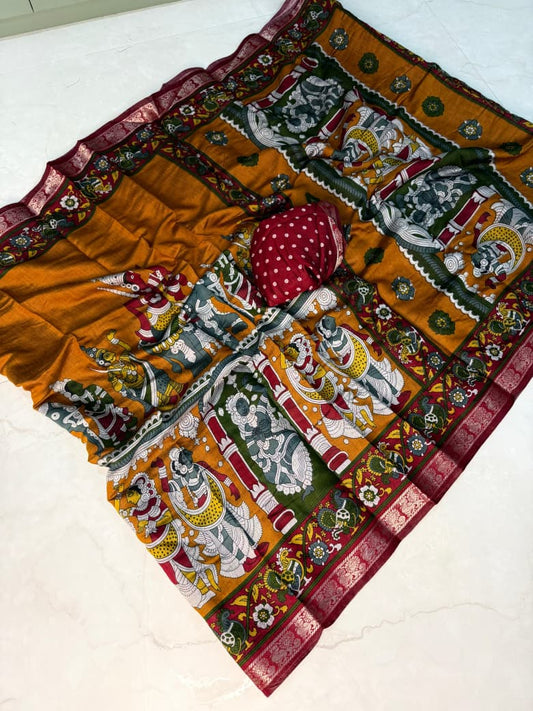 Elegant Yellow  Mangalgiri Print Saree with Classic Design and Premium Fabric Finish