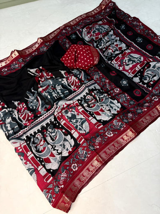 Traditional Black Mangalgiri Print Saree Featuring Fine Weave and Stylish Ethnic Look