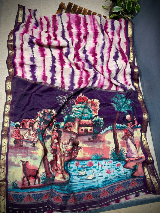 Premium Purple Wine Mangalgiri Print Saree with Soft Texture and Beautiful Craft Detailing