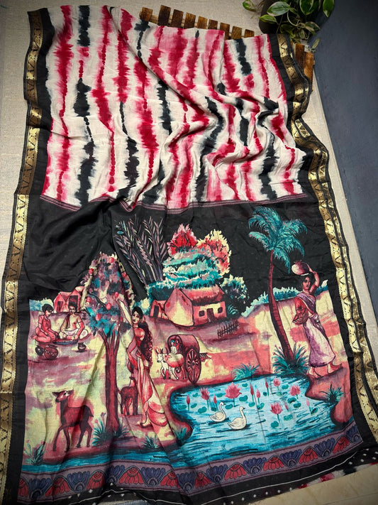 Authentic Red Black Mangalgiri Print Saree with Graceful Patterns and Elegant Daily Style