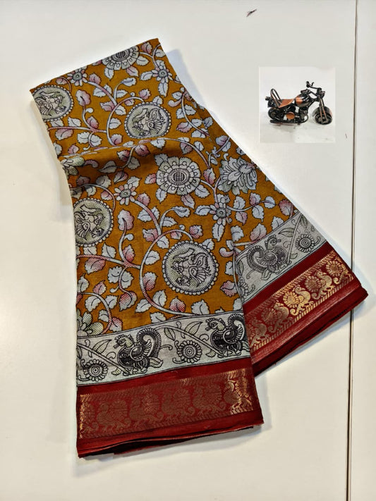 Elegant Kalamkari Print Saree in Beautiful Mustard Gold Color for Traditional Stylish Look