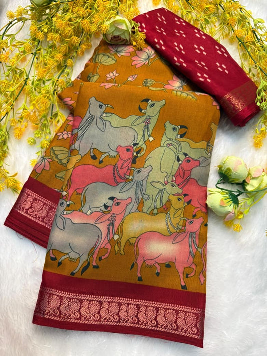 Authentic Kalamkari Print Saree in Rich Gold Color for Graceful Cultural Wear