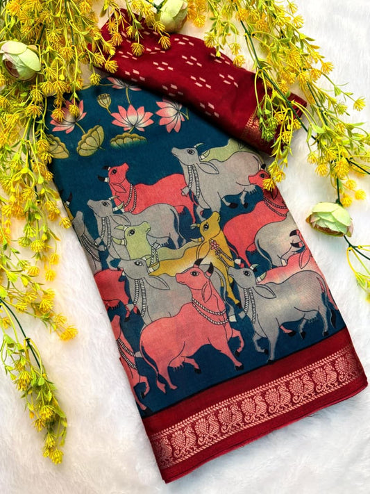 Classic Kalamkari Design Saree in Royal Firozi Color for Special Occasion Style