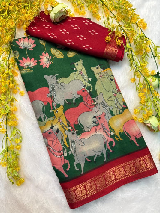 Trendy Kalamkari Print Saree in Gorgeous Green Color for Charming Ethnic Dressing