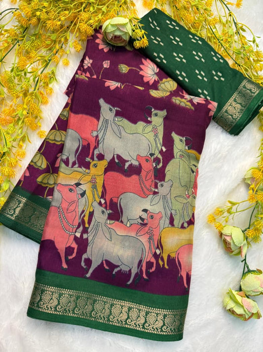 Beautiful Kalamkari Artwork Saree in Soft Wine Color for Everyday Festive Fashion