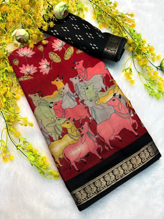 Handcrafted Kalamkari Print Saree in Bright Red Color for Elegant Traditional Look