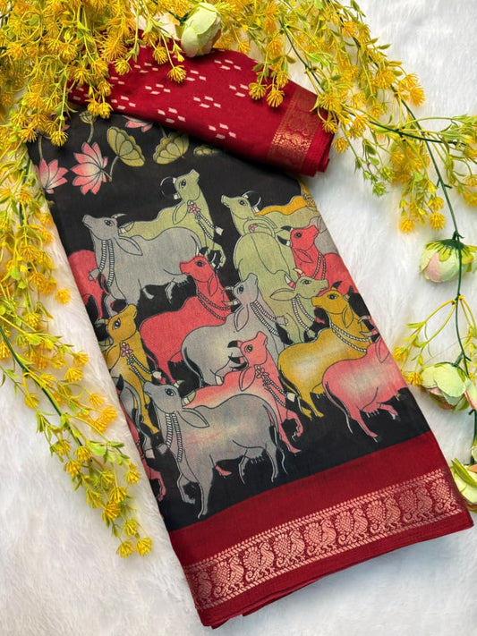 Stylish Kalamkari Print Saree in Deep Black Color for Festive Party Look