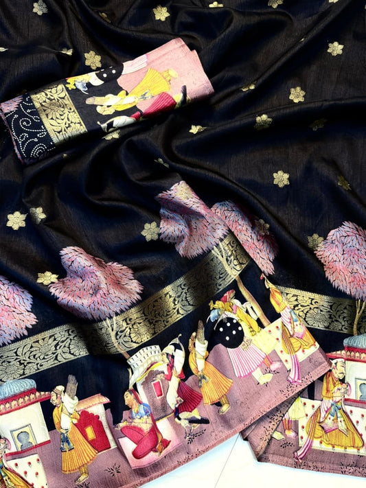 Attractive Kalamkari Print Saree in Bold  Black Color for Standout Traditional Look