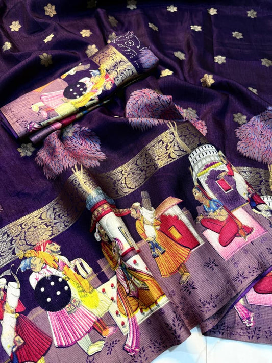 Elegant Handprinted Kalamkari Saree in Mild Purple Color