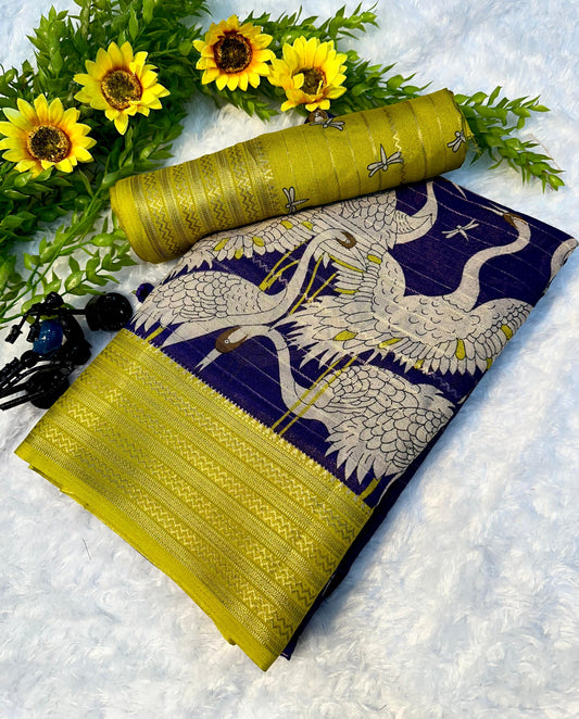 Fashionable Kalamkari Print Saree in Gorgeous Blue Color for Festive Ethnic Appearance