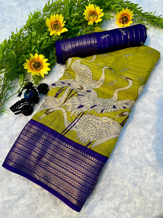 Exclusive Kalamkari Artwork Saree in Vibrant Perrot Color for Special Festival Wear