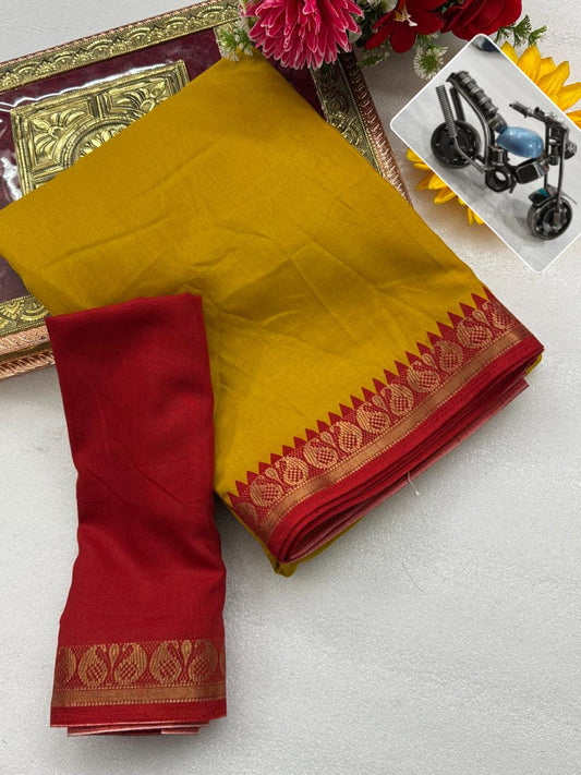 Authentic Kalamkari Print Saree in Rich Yellow Red Color for Graceful Cultural Wear