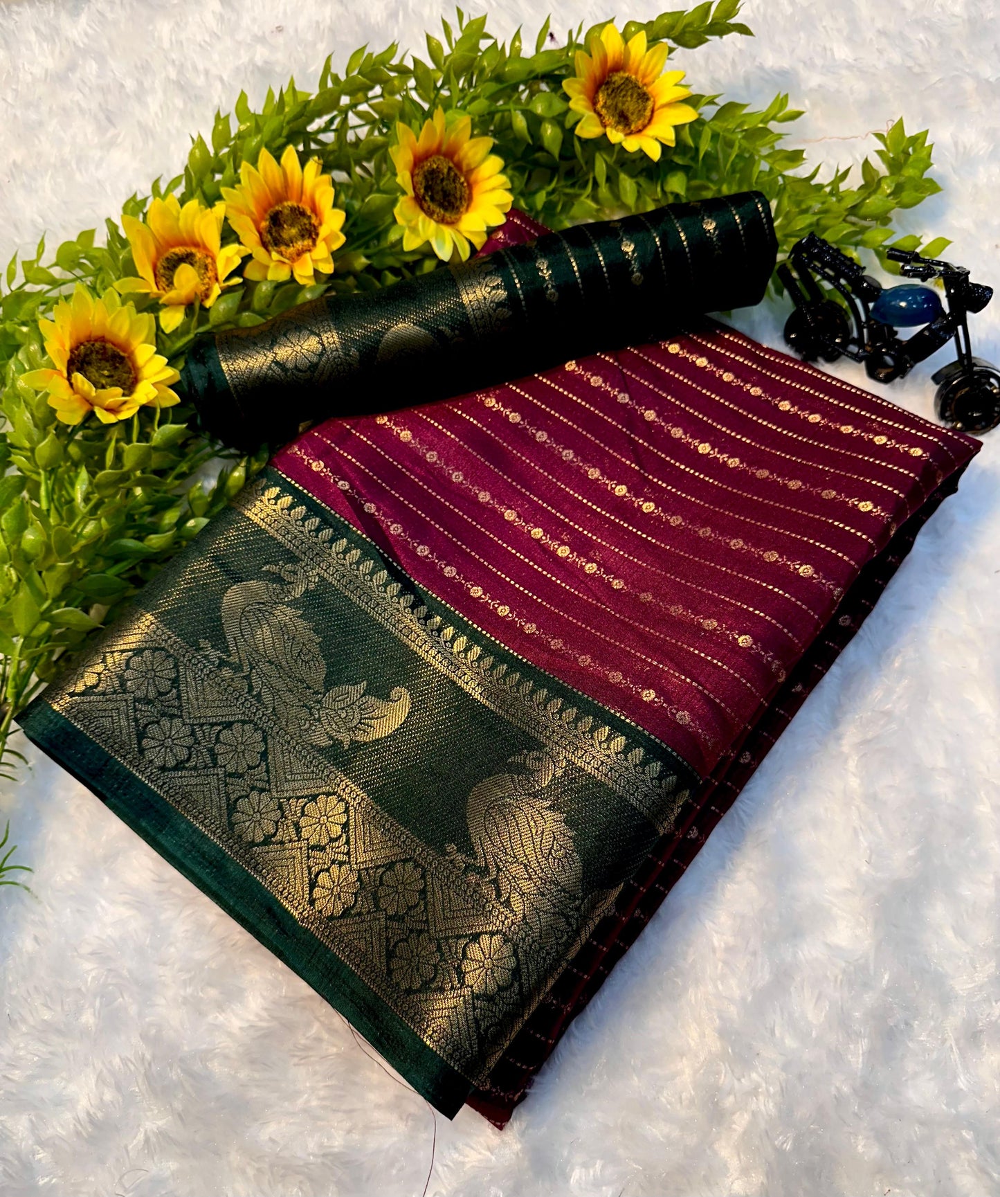 Gorgeous Crepe Silk Saree in Green Marun Color Perfect for Parties, Weddings and Celebrations