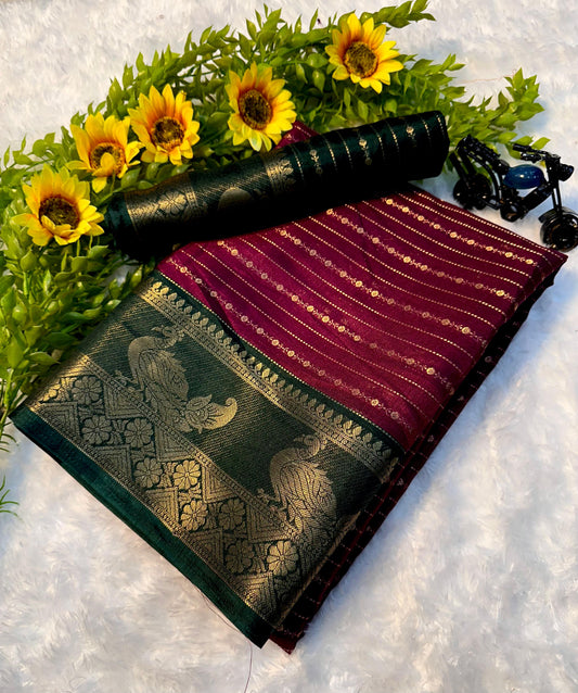 Gorgeous Crepe Silk Saree in Green Marun Color Perfect for Parties, Weddings and Celebrations