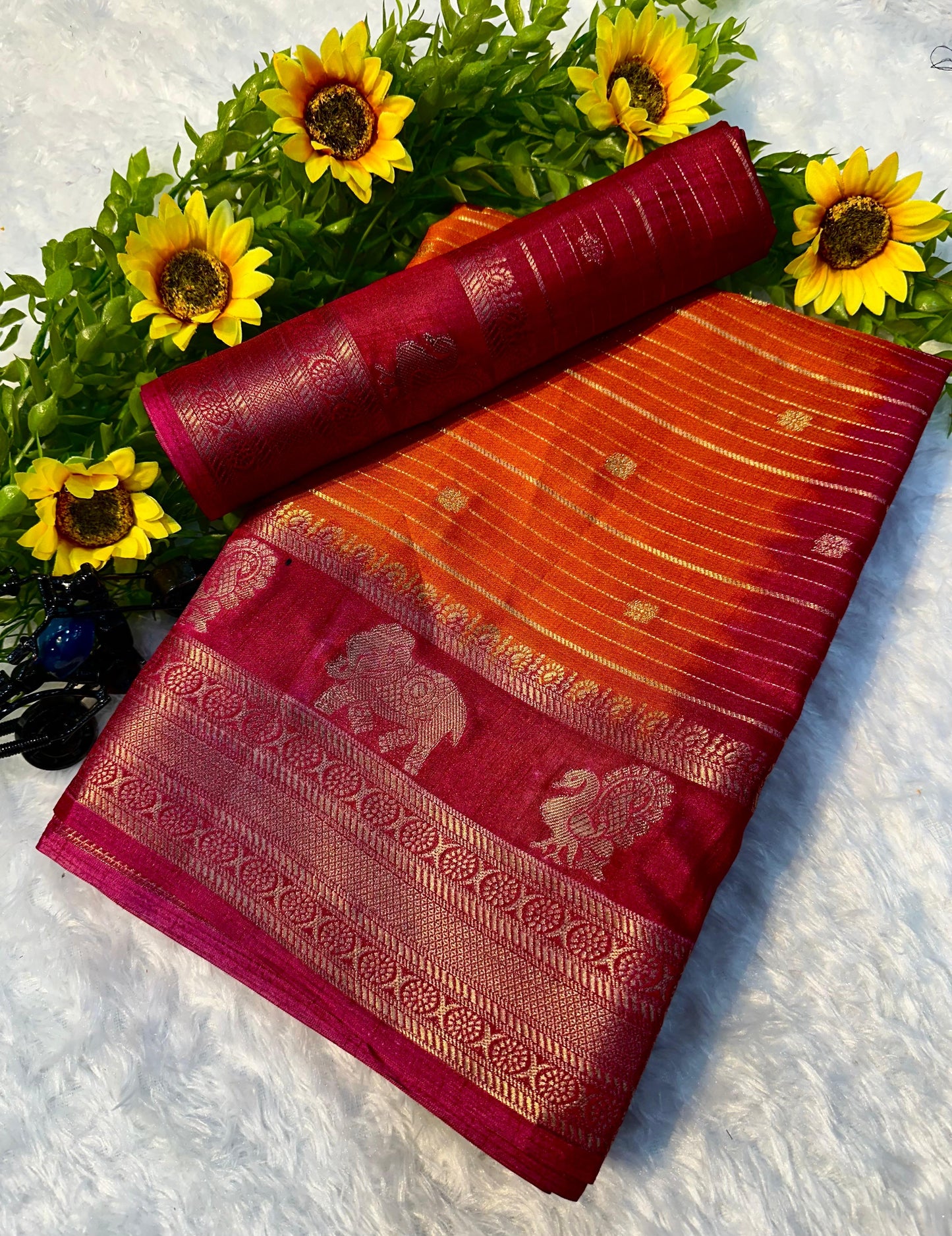 Beautiful Crepe Silk Saree in Red Orange Hue Crafted for Festive Glamour and Daily Wear