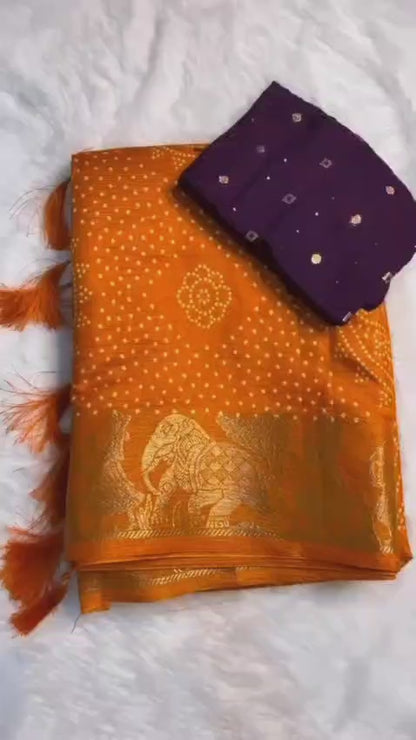 Authentic Bandhej Printed Saree in Trendy Orange Color for Modern Look