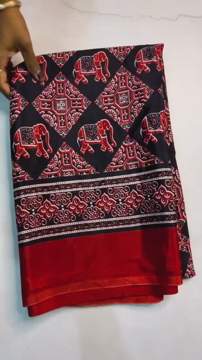 Black Ajrakh Pure Crep Silk Saree with Red Broder
